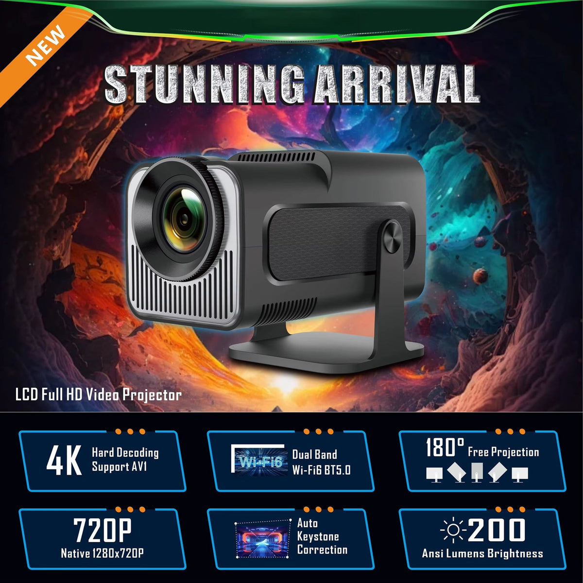Kannettava projektori, Android 11, 1080p HD, 300 ANSI, Wi-Fi 6, Bluetooth, 150 tuumaa