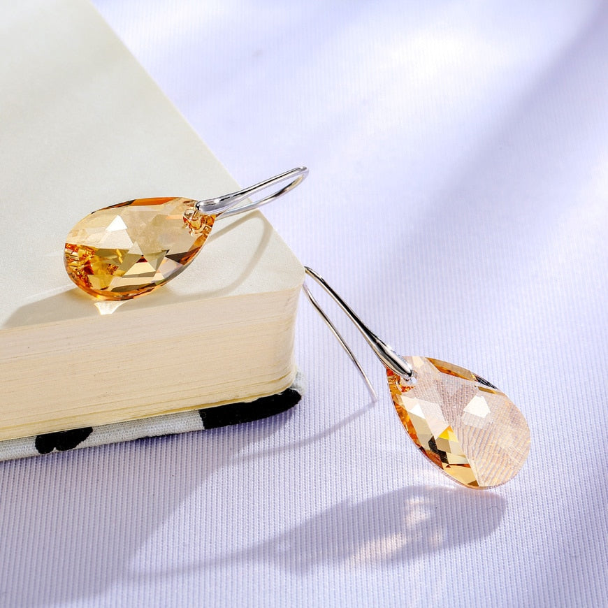 Pendientes colgantes de lágrima para mujer, bañados en plata de ley, con cristal brillante