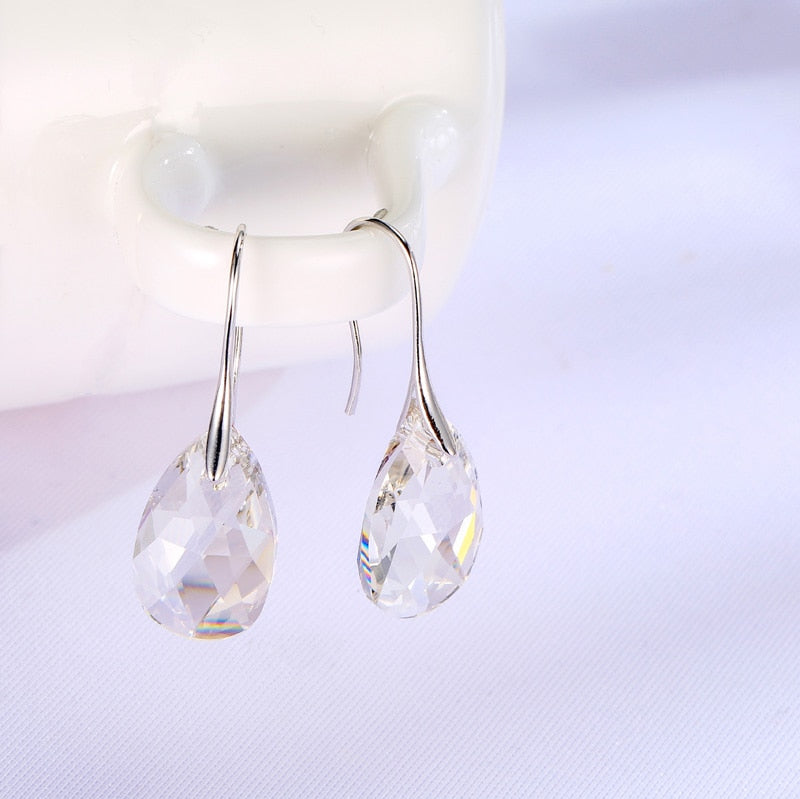 Pendientes colgantes de lágrima para mujer, bañados en plata de ley, con cristal brillante
