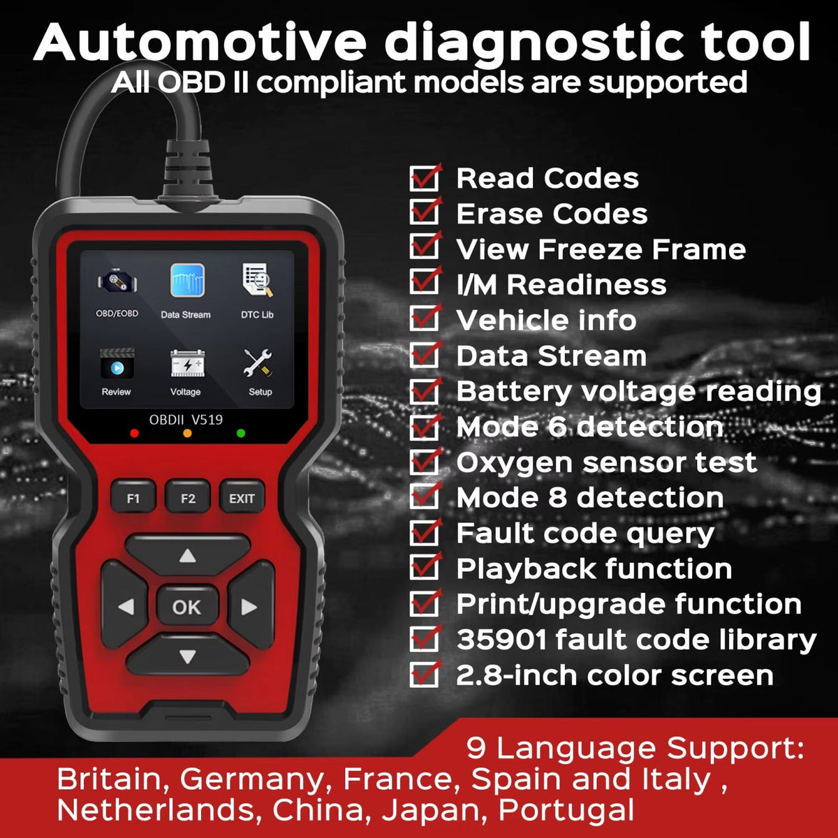 OBD2-diagnosescanner — kleurendisplay van 2.8 inch, meer dan 35,000 codes
