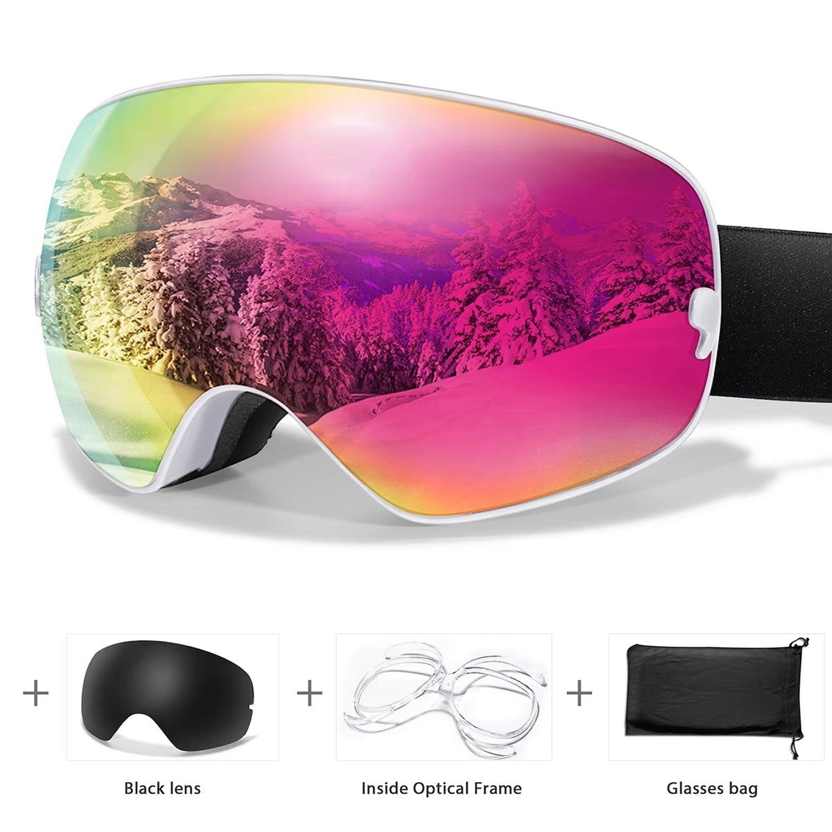 Maschera da sci e snowboard antiappannamento — UV400, OTG, leggera, 4 oz