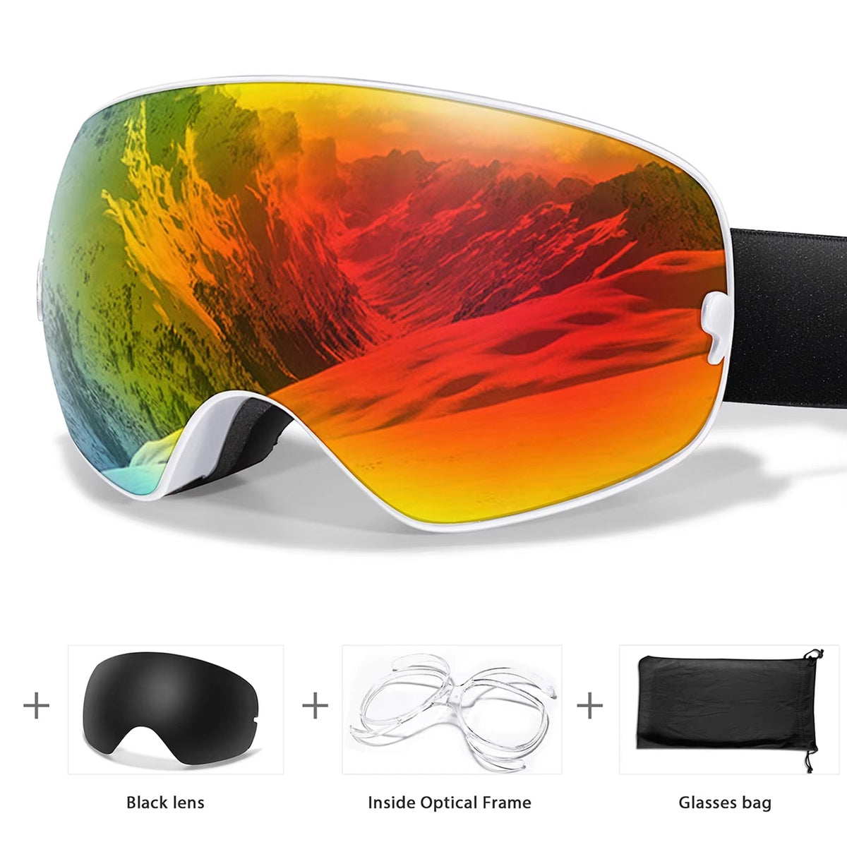 Maschera da sci e snowboard antiappannamento — UV400, OTG, leggera, 4 oz