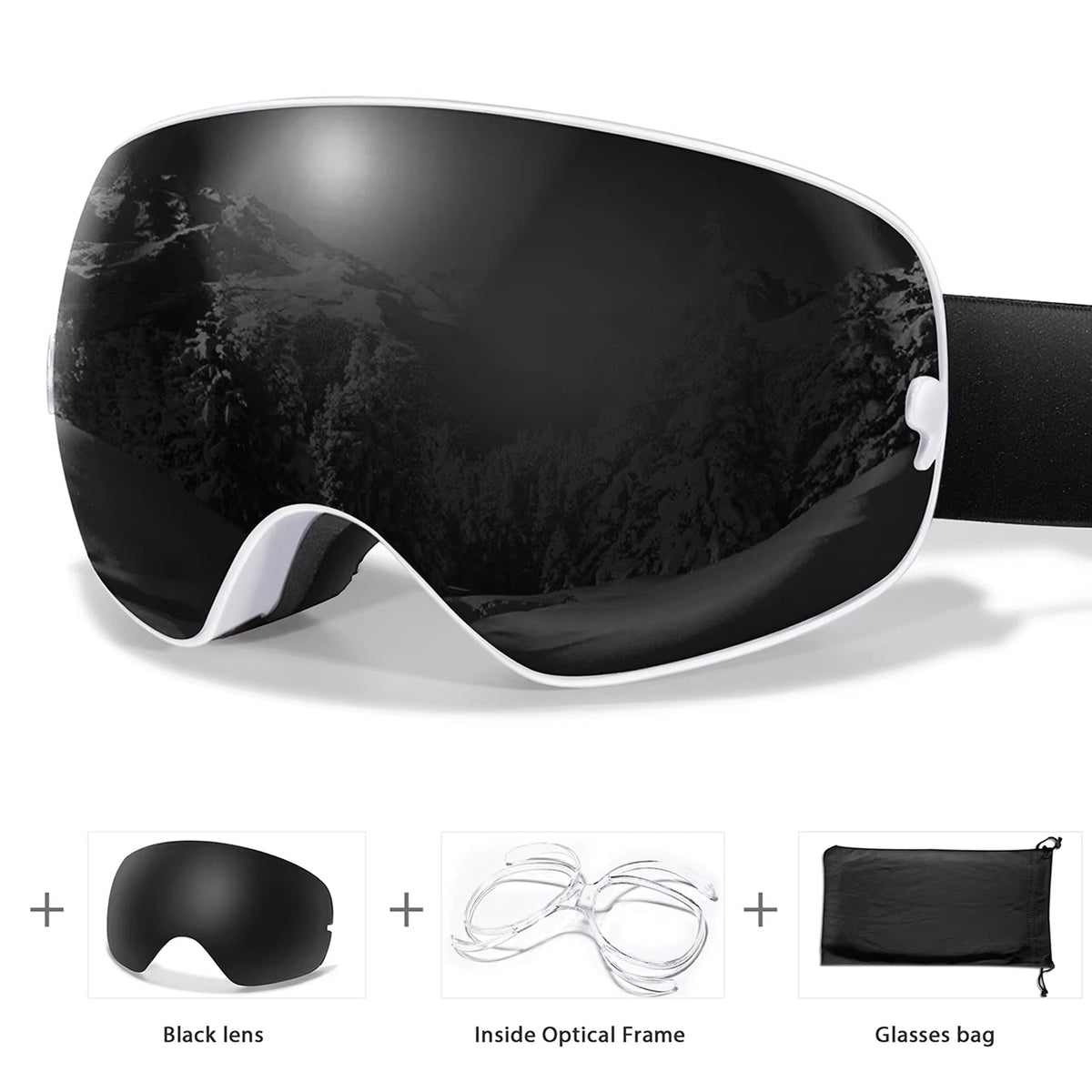Maschera da sci e snowboard antiappannamento — UV400, OTG, leggera, 4 oz