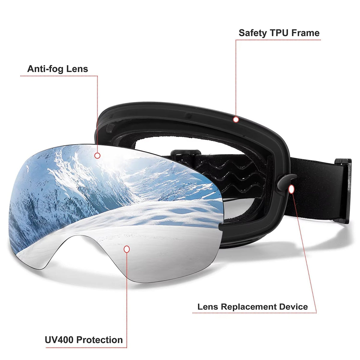 Maschera da sci e snowboard antiappannamento — UV400, OTG, leggera, 4 oz