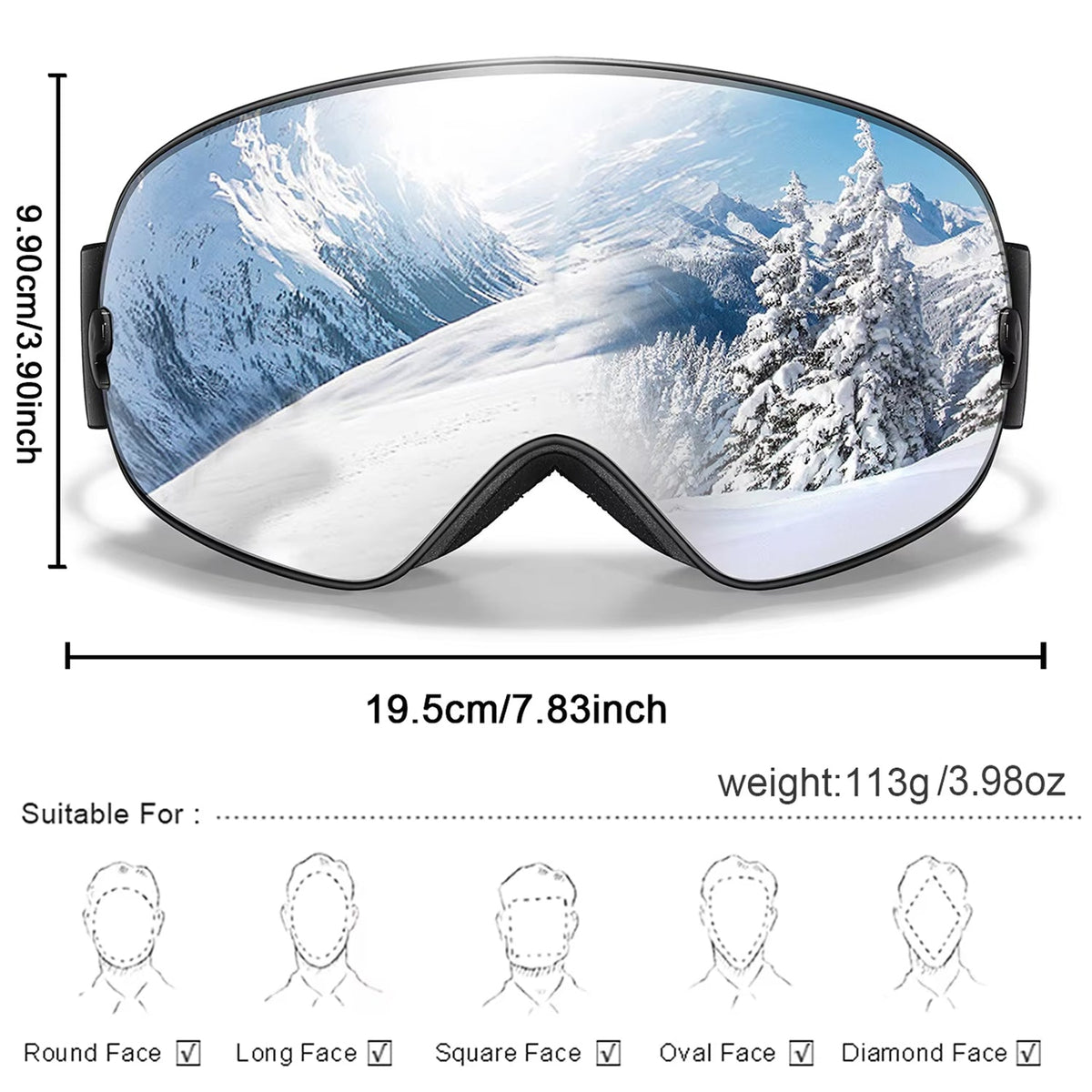 Maschera da sci e snowboard antiappannamento — UV400, OTG, leggera, 4 oz