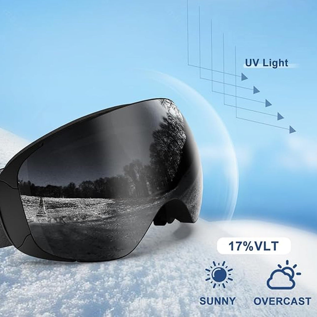 Maschera da sci e snowboard antiappannamento — UV400, OTG, leggera, 4 oz