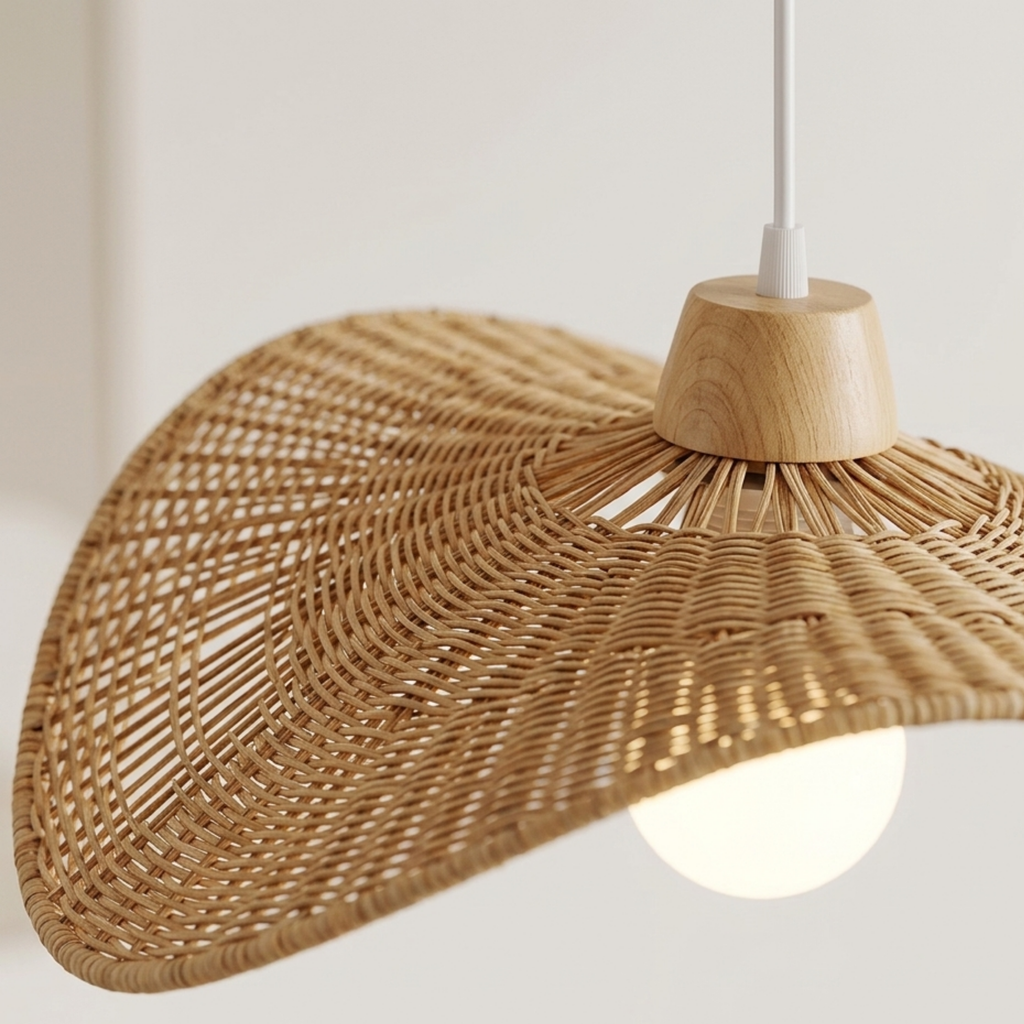 Wabi Sabi Rattan Pendant Light – Wavy Woven Bamboo and Wood Shade