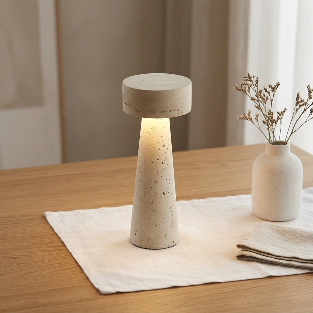 Wabi Sabi Mushroom LED Table Lamp — Travertine Stone Top