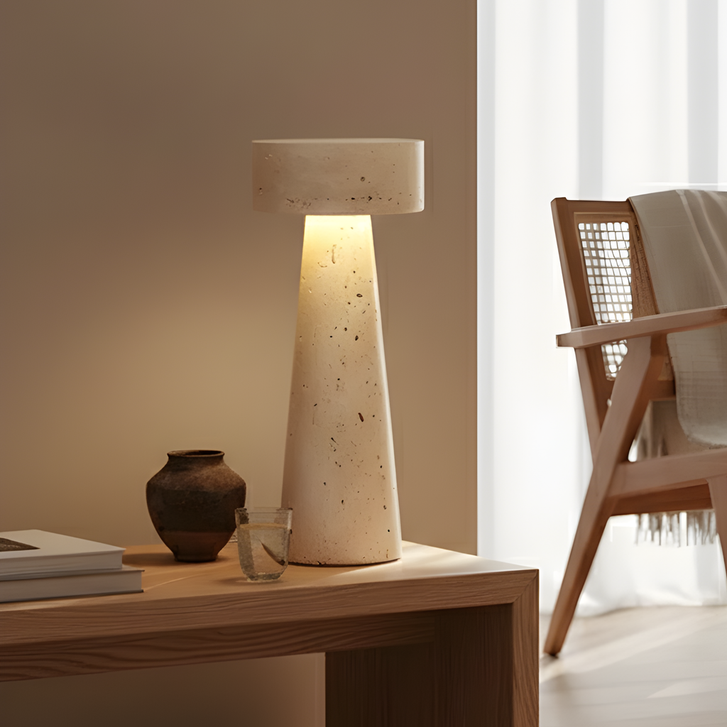 Wabi Sabi Mushroom LED Table Lamp — Travertine Stone Top