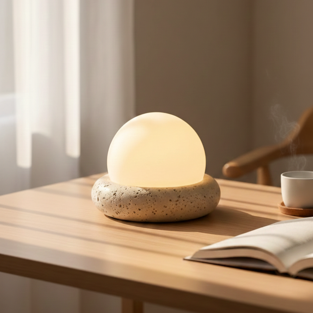 Wabi Sabi Travertine Stone Table Lamp — White Glass Globe Shade