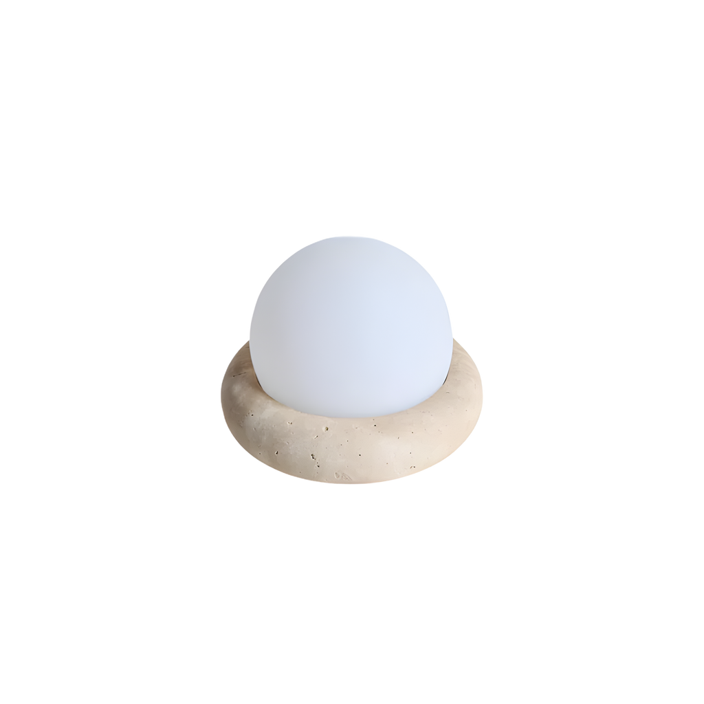 Wabi Sabi Travertine Stone Table Lamp — White Glass Globe Shade