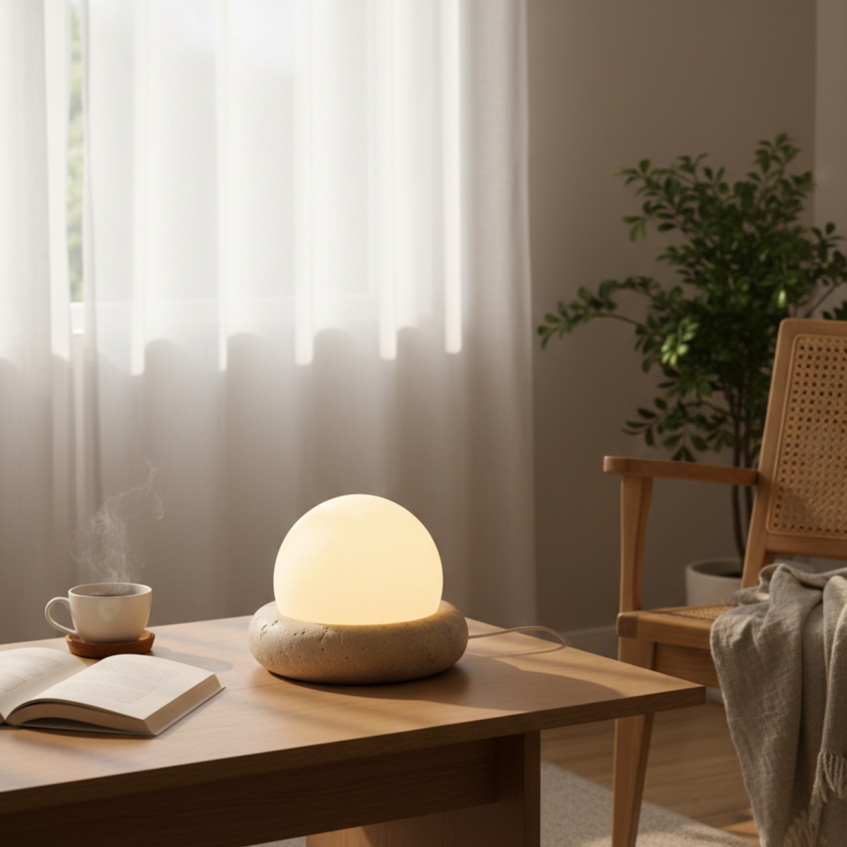 Wabi Sabi Travertine Stone Table Lamp — White Glass Globe Shade