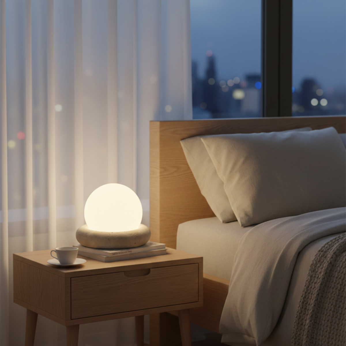 Wabi Sabi Travertine Stone Table Lamp — White Glass Globe Shade