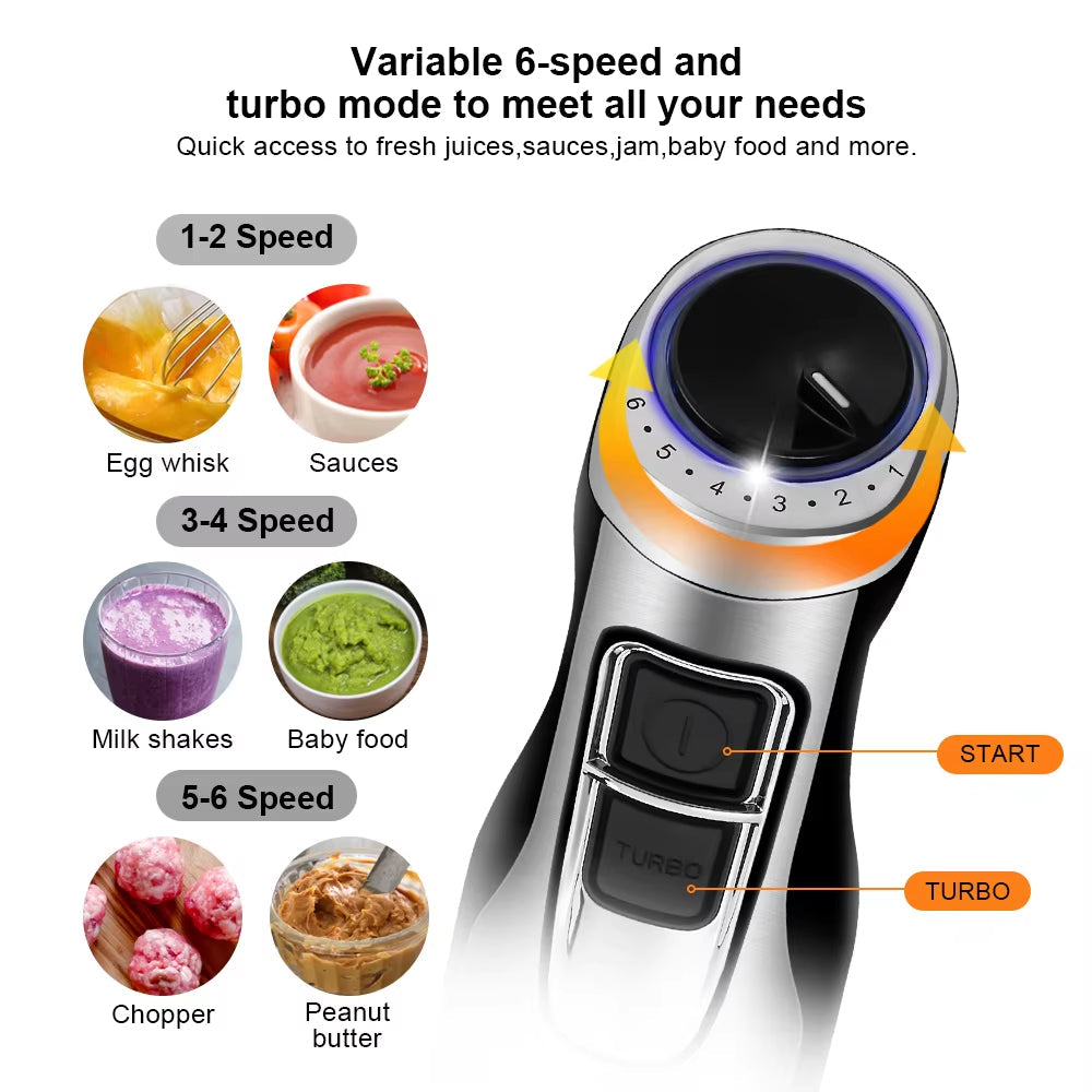Stavmixer med 4 funktioner — 1200W, 6 hastigheter, hackare, visp och bägare