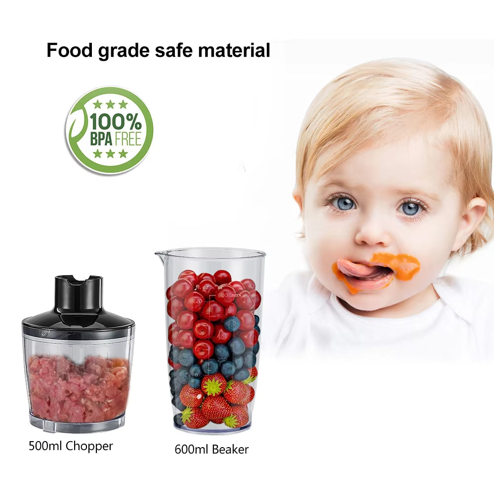 Stavmixer med 4 funktioner — 1200W, 6 hastigheter, hackare, visp och bägare