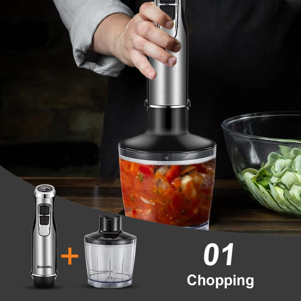 Stavmixer med 4 funktioner — 1200W, 6 hastigheter, hackare, visp och bägare