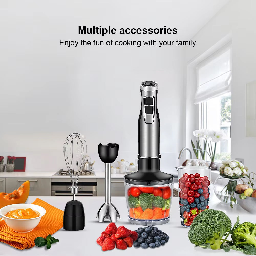 Stavmixer med 4 funktioner — 1200W, 6 hastigheter, hackare, visp och bägare