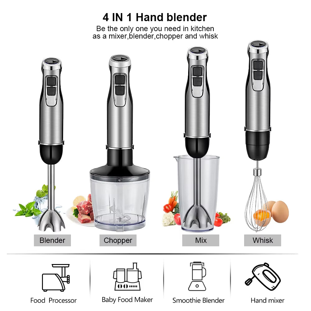 Stavmixer med 4 funktioner — 1200W, 6 hastigheter, hackare, visp och bägare