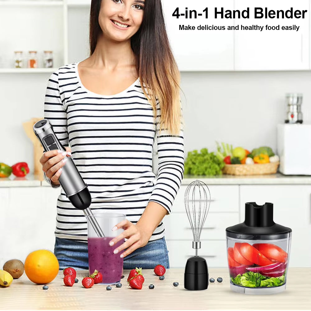 Stavmixer med 4 funktioner — 1200W, 6 hastigheter, hackare, visp och bägare