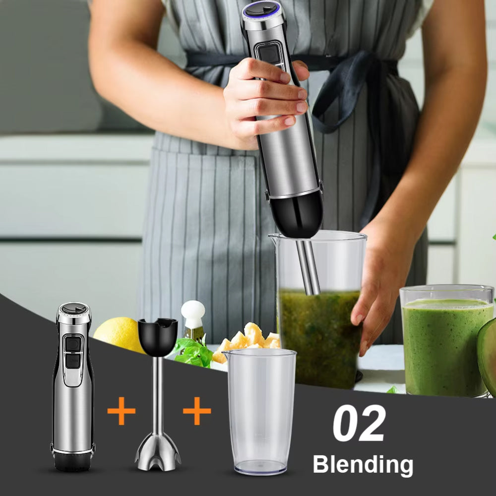 Stavmixer med 4 funktioner — 1200W, 6 hastigheter, hackare, visp och bägare